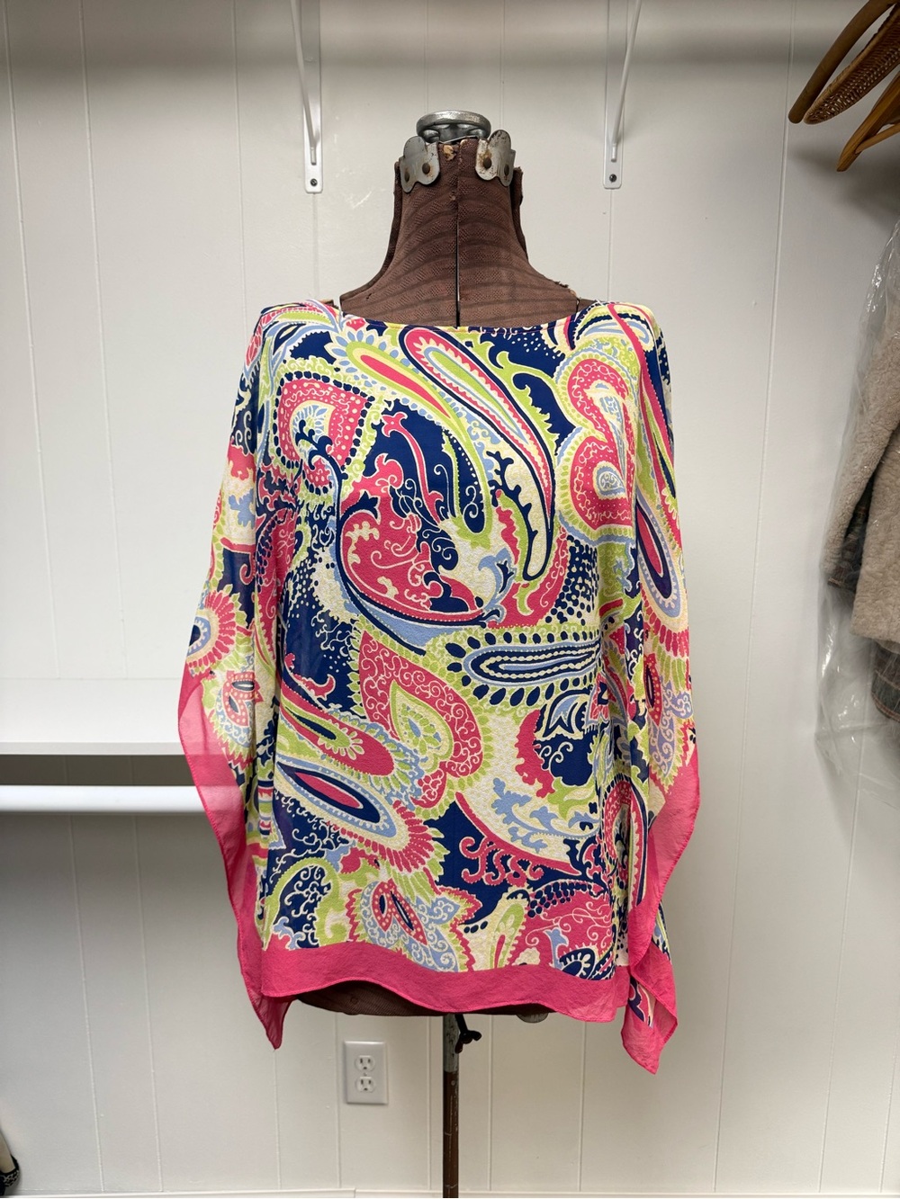 Talbots 100% Silk Colorful Paisley Print Poncho Kimono Top Size S/M